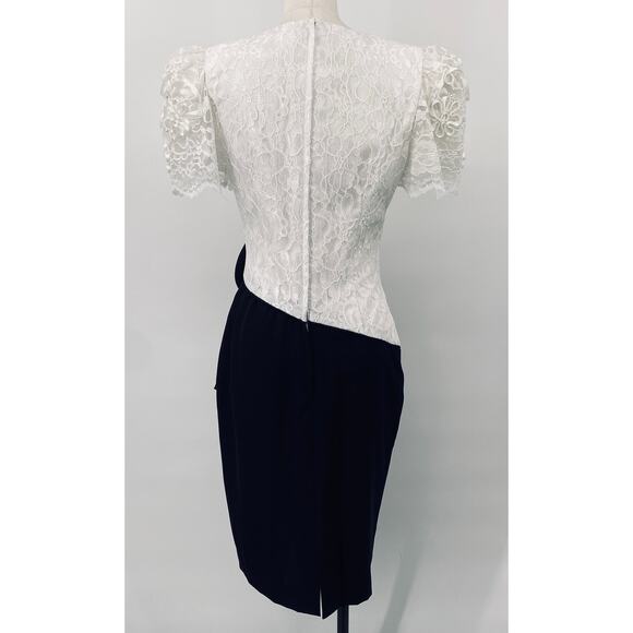 Vintage 80s Lace Bodice Cocktail Dress Embellished Bow Puff Sleeve White Navy 6 - Picture 5 of 9